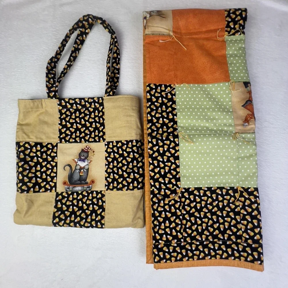 Handmade Halloween Patchwork Quilt Kids‎ 47x38.5 Candy Corn Cat Tote Bag Set